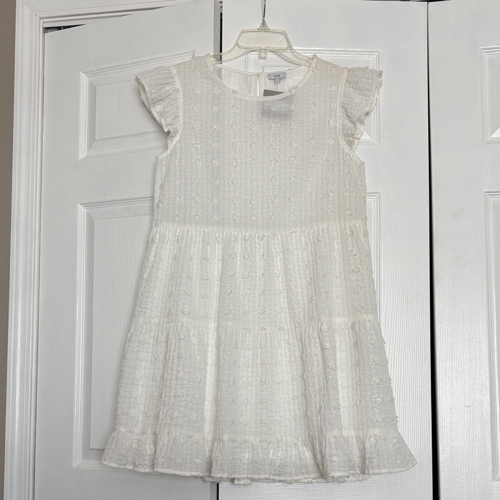 Voy Swiss Dot White Tiered Knee Length Dress